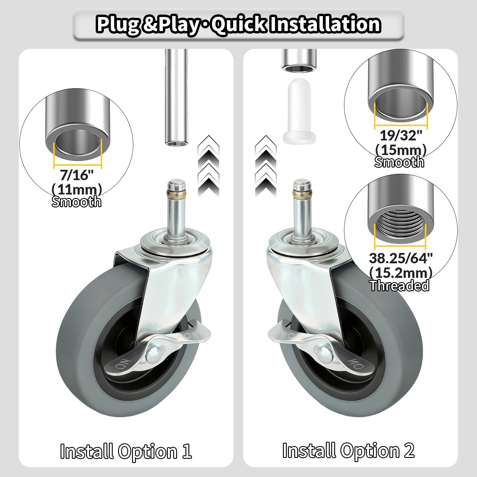 Installing an AAGUT caster by screwing the 1/2"-13 threaded stem into a metal plate, using the provided washer and nut for a secure fit
