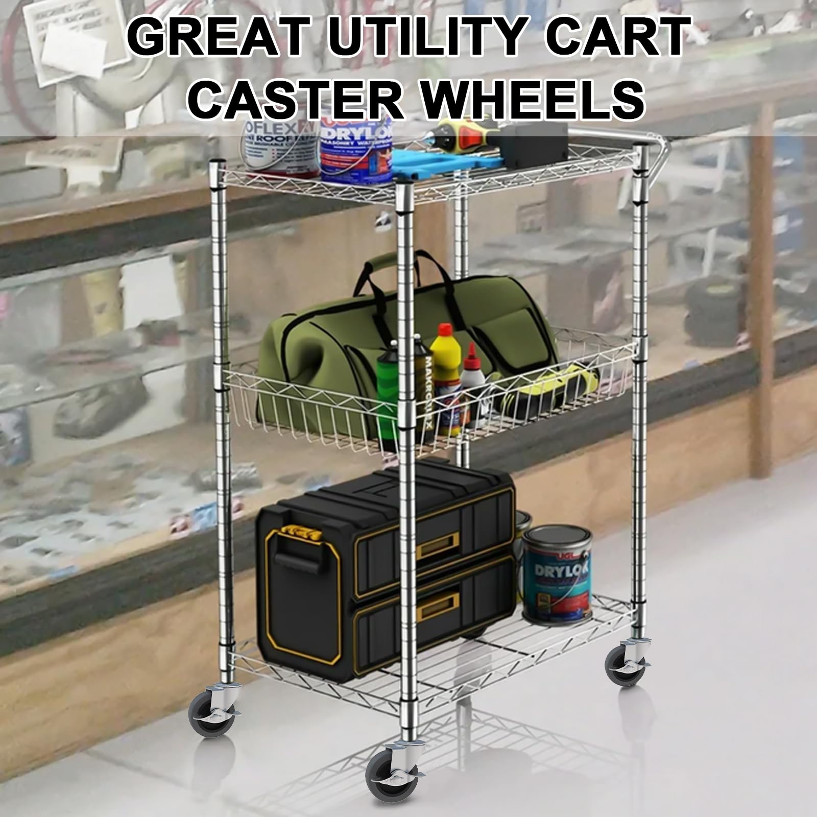 Black workbench or cart smoothly gliding on concrete floor using four AAGUT gray rubber swivel casters.
