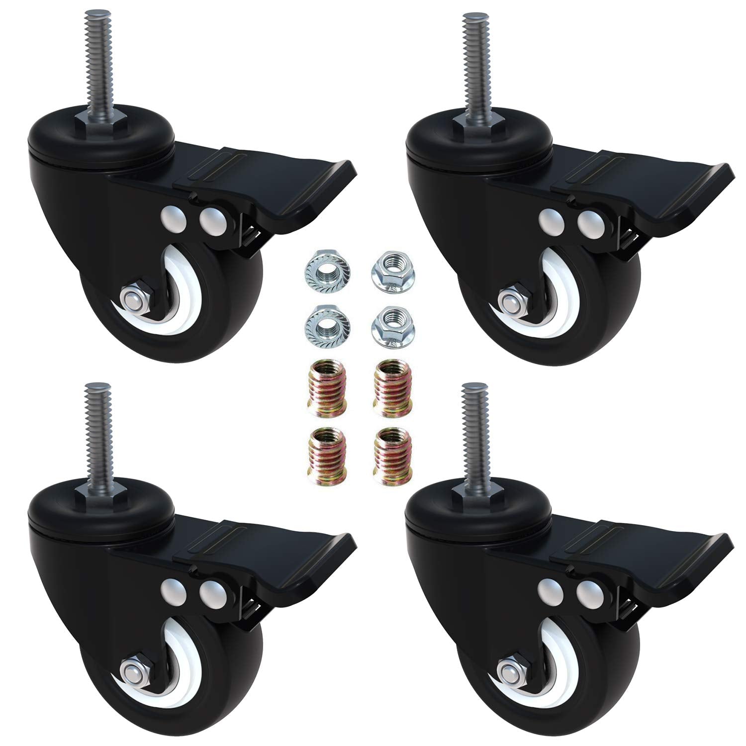AAGUT Threaded Stem Casters with Brake | M8 x 25mm PU Wheels, 4-Pack (Choose 1.5" or 2" Size)