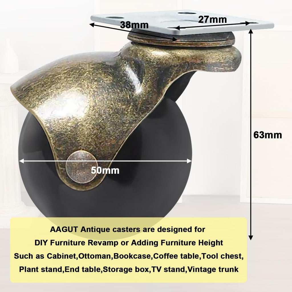 AAGUT 2 Inch Vintage Ball Casters - Set of 4 with 5/16″ x 1-1/2″ Threaded Stem & Metal Sockets for Antique Furniture