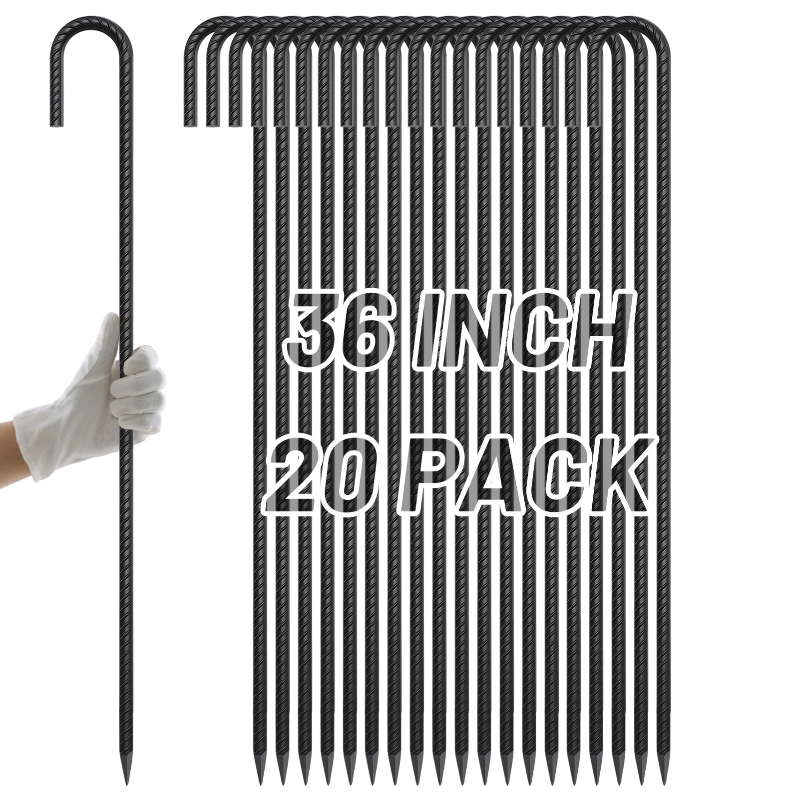 AAGUT 36-Inch Extra-Long Heavy-Duty J-Hook Rebar Stake with Black Coating