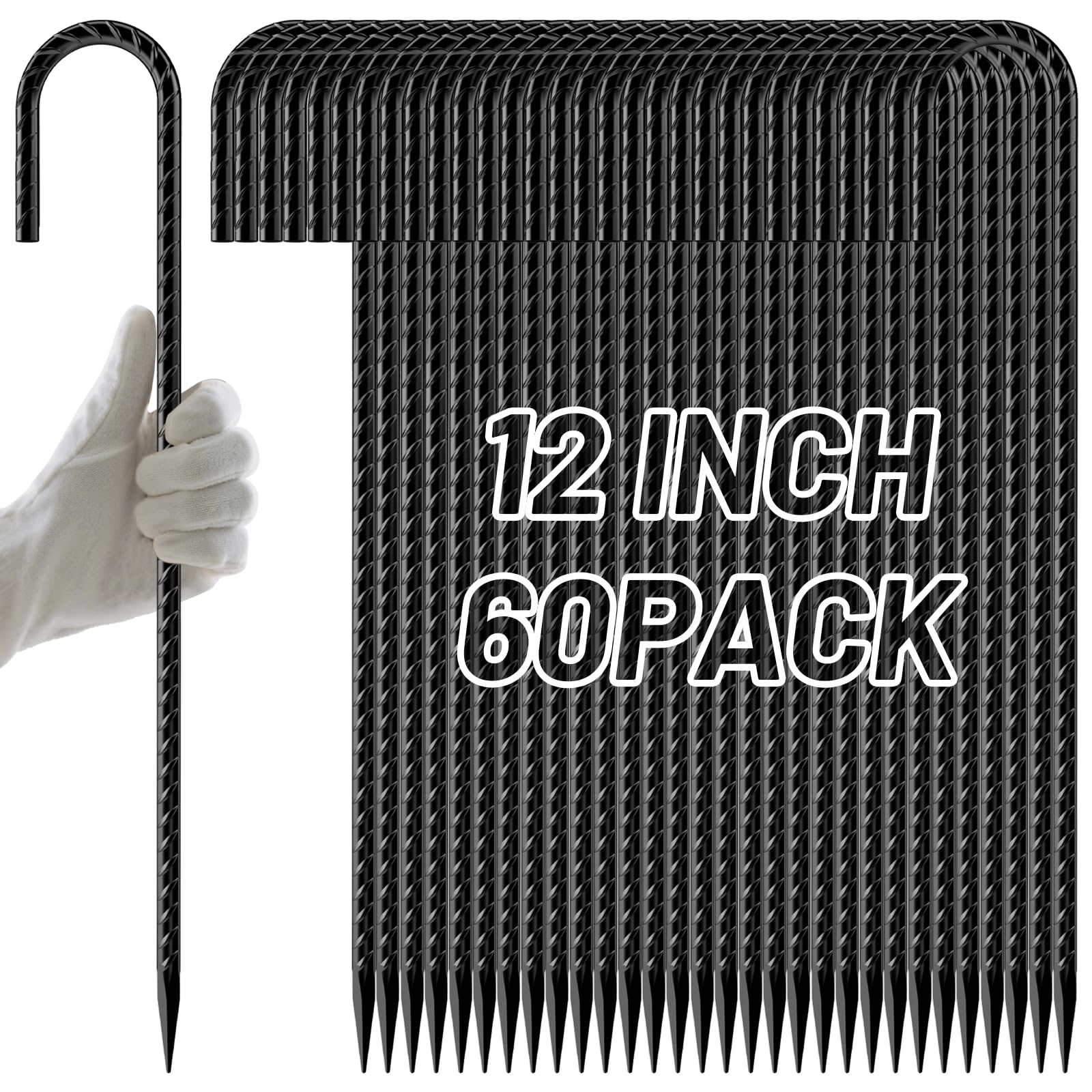 AAGUT 12-Inch Black J-Hook Rebar Stakes, heavy duty ground anchors with rust-resistant coating