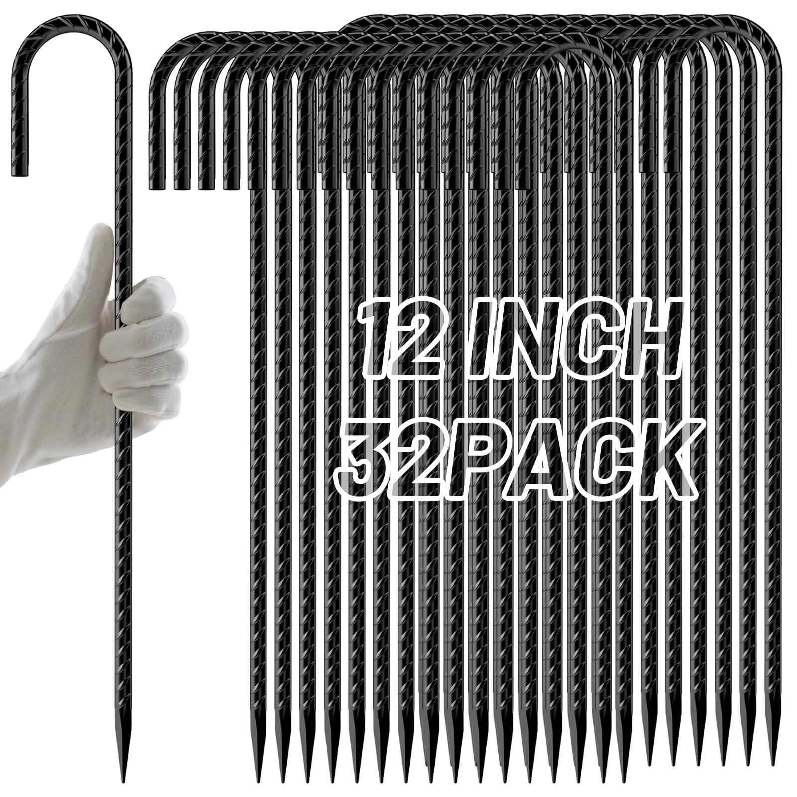 AAGUT 12-Inch Black J-Hook Rebar Stakes, heavy duty ground anchors with rust-resistant coating
