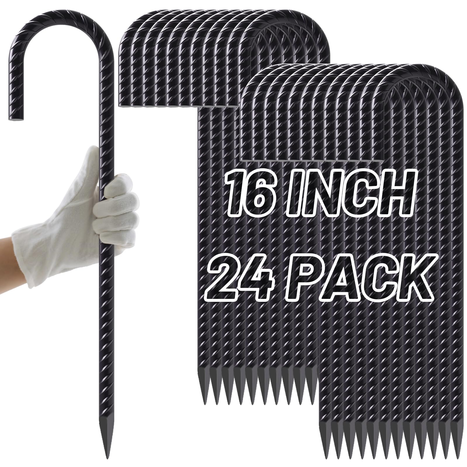 AAGUT 16-Inch Heavy-Duty J-Hook Rebar Stake with Black Powder Coating