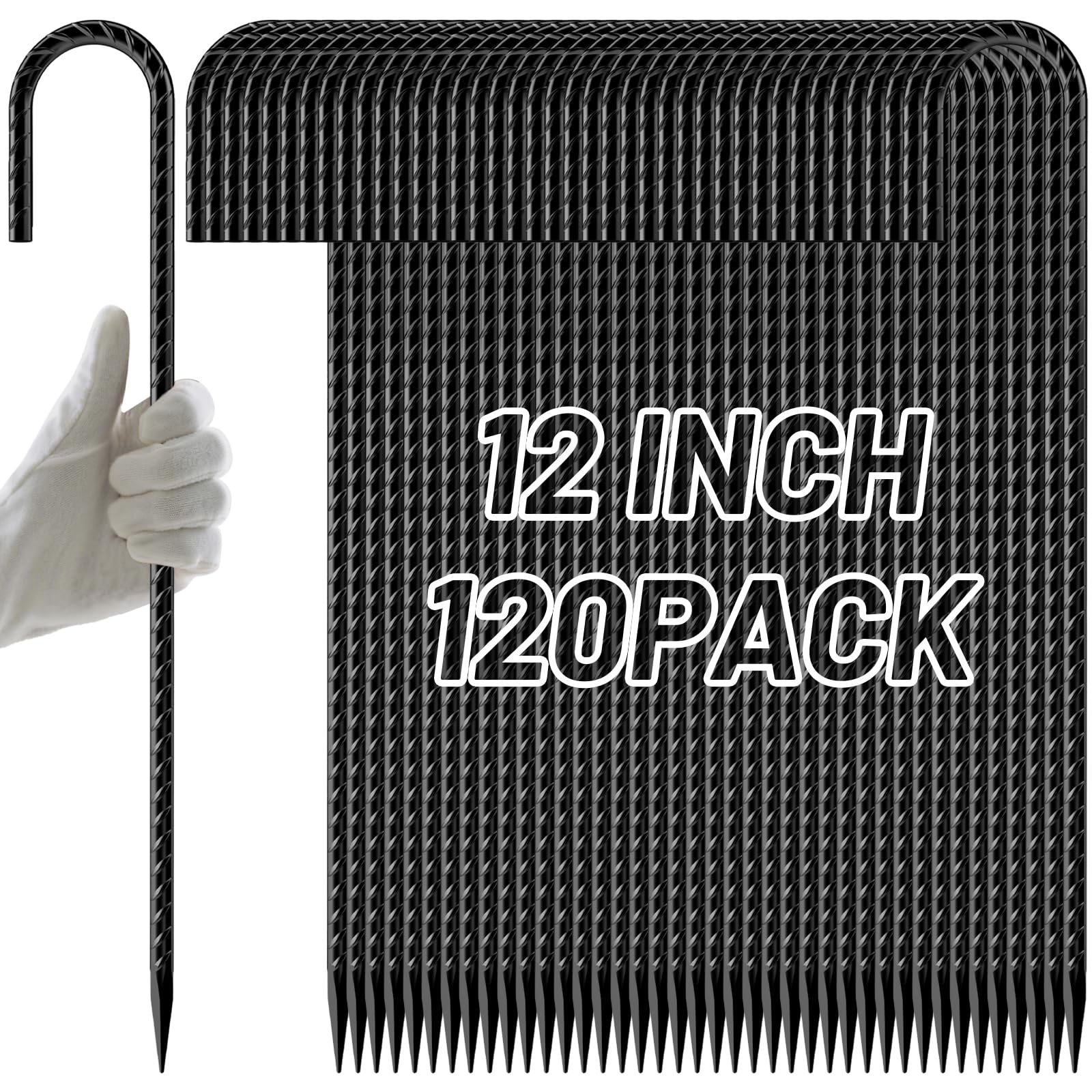 AAGUT 12-Inch Black J-Hook Rebar Stakes, heavy duty ground anchors with rust-resistant coating