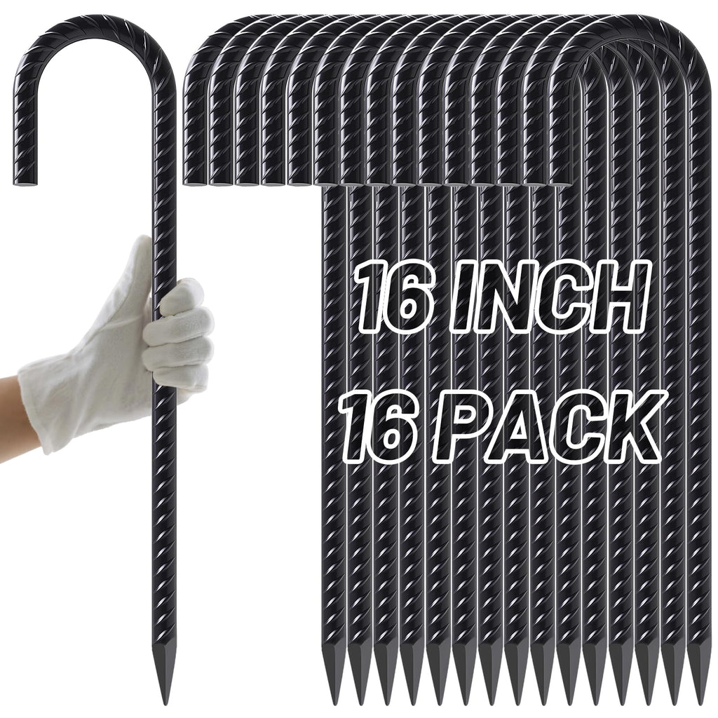 AAGUT 16-Inch Heavy-Duty J-Hook Rebar Stakes with 1/2-Inch Diameter - 16 Pack