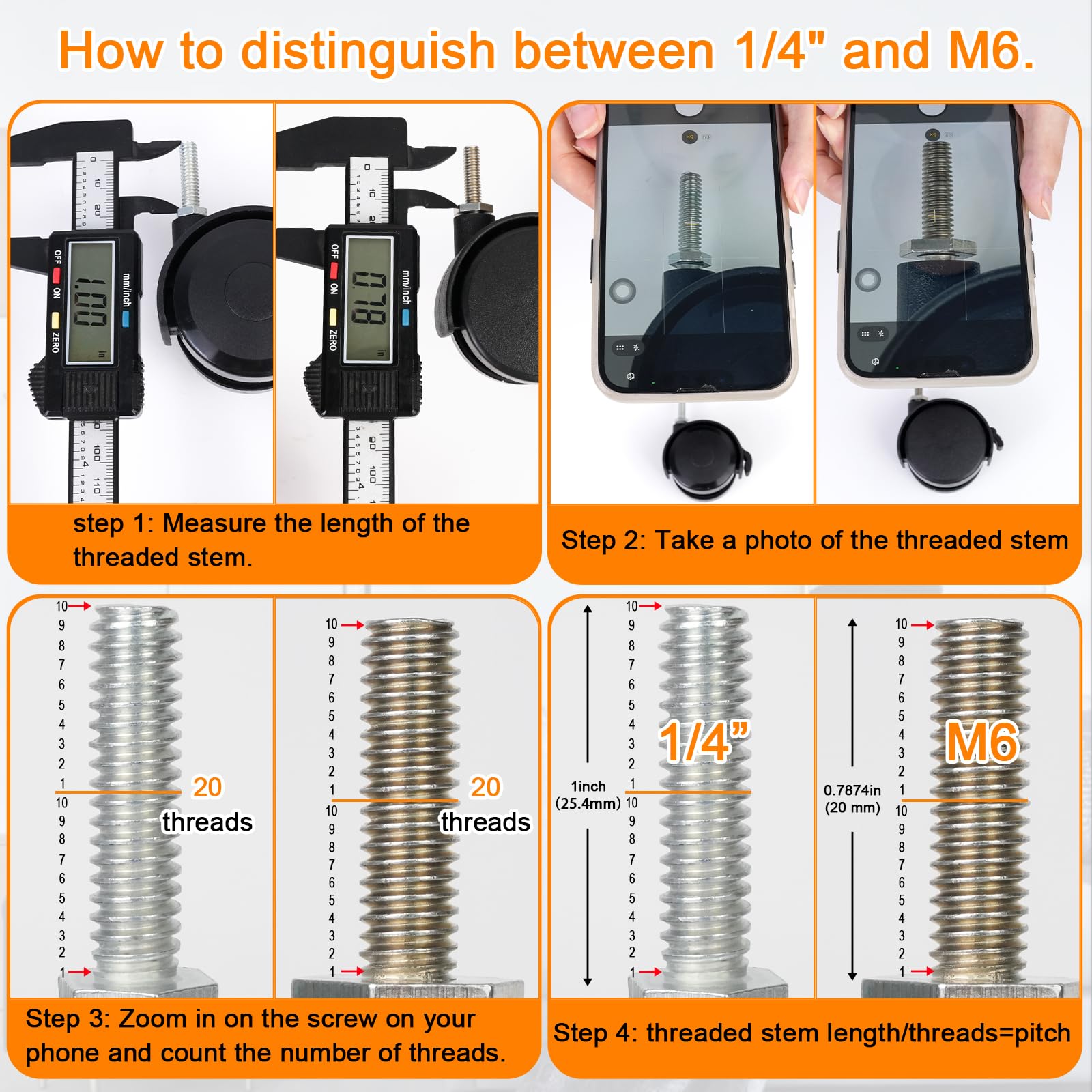 Detailed shot of the 1/4-inch-20 threaded stem, measuring 1 inch in length, on a black furniture caster