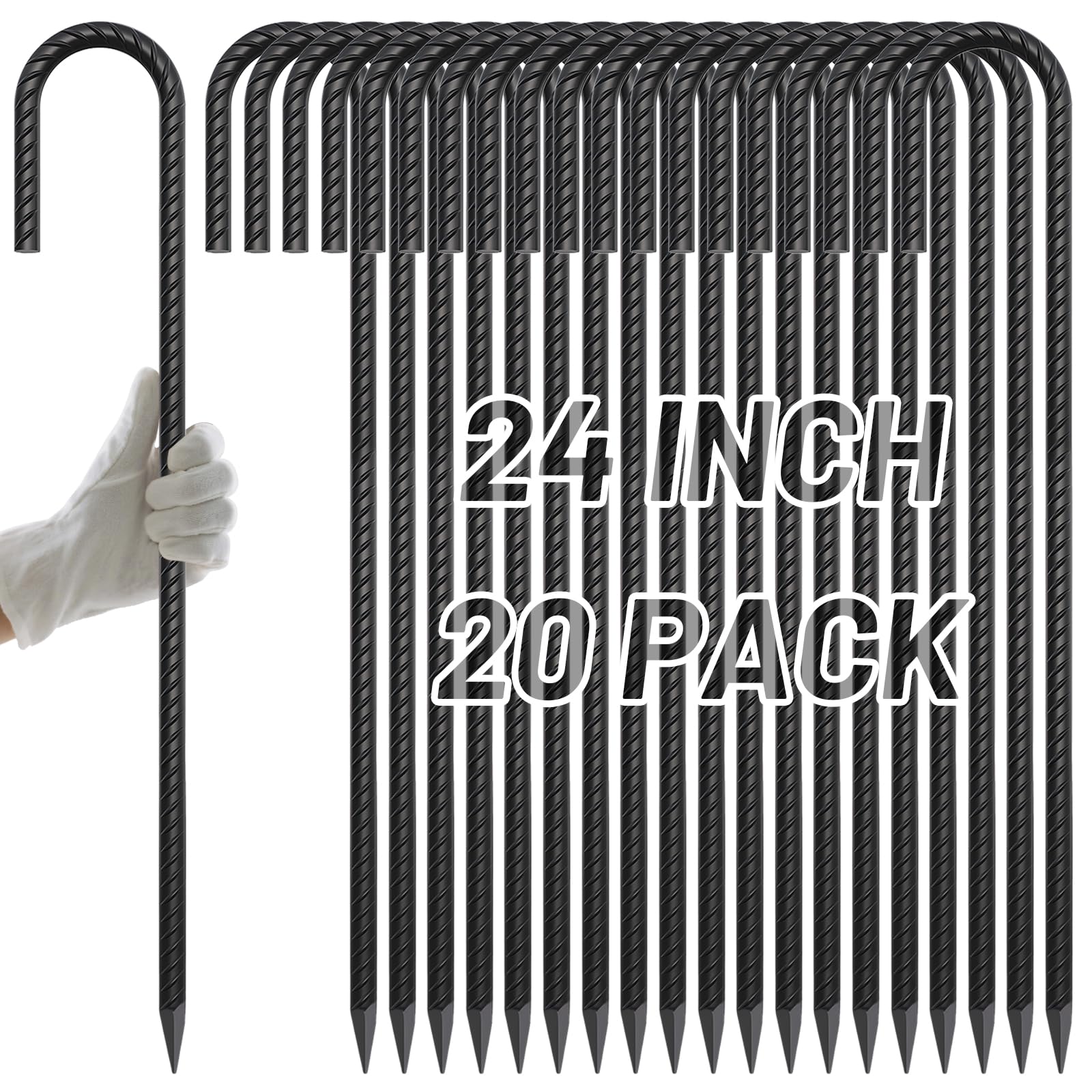 AAGUT 24-Inch Extra-Long Heavy-Duty J-Hook Rebar Stake with Black Coating