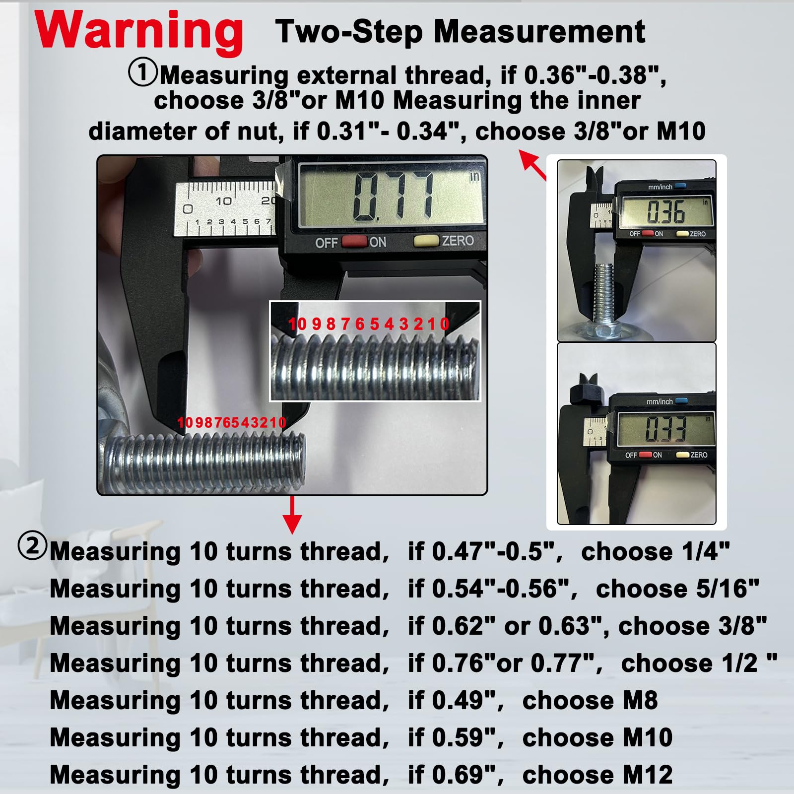 Using a thread pitch gauge or caliper to accurately measure the diameter of an existing hole to select the correct M8, M10, or M12 caster stem.